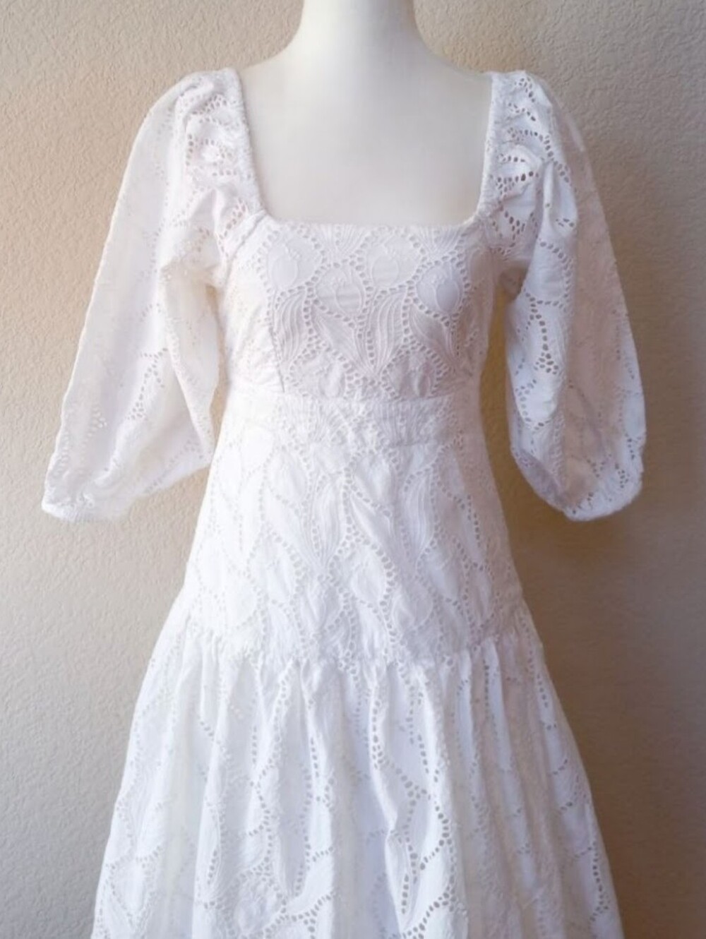 Anthropologie Maeve elegant white tiered eyelet midi dress with a square neckli - Picture 5 of 10